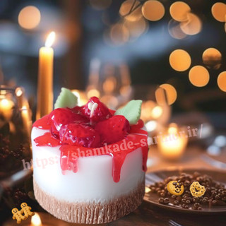 شمع تزئینی چیزکیک توت فرنگی.مدل فانوسی.دکوری شیک .دارای جعبه طلقی